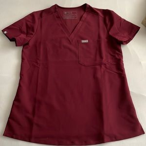 FIGS burgundy catarina one pocket scrub top and burgundy yola high waisted pants